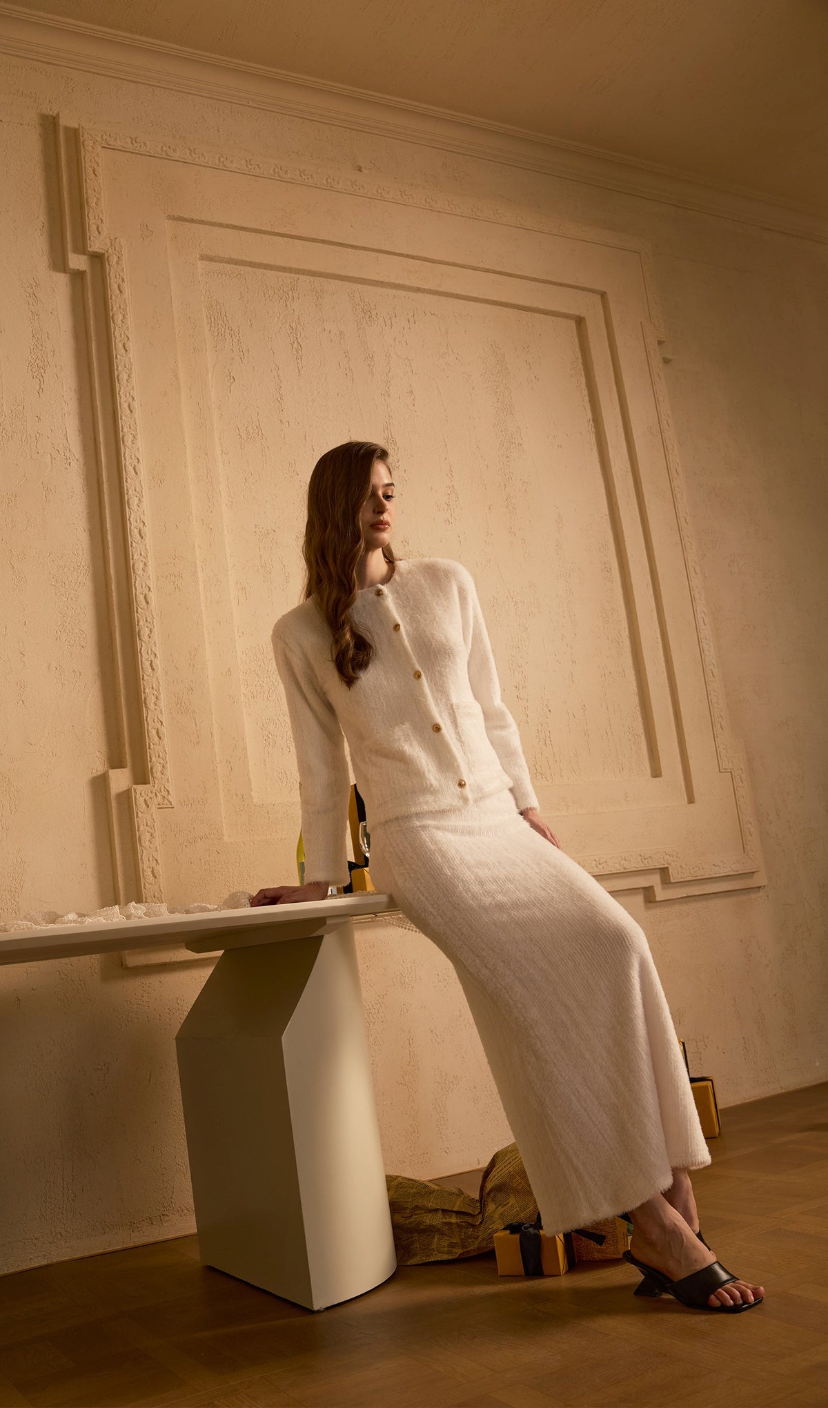 Fluffy Knitted Cardigan & Maxi Skirt Set White
