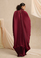 Hiba V Neckline Pleats Ruffled Maxi Dress In Burgundy