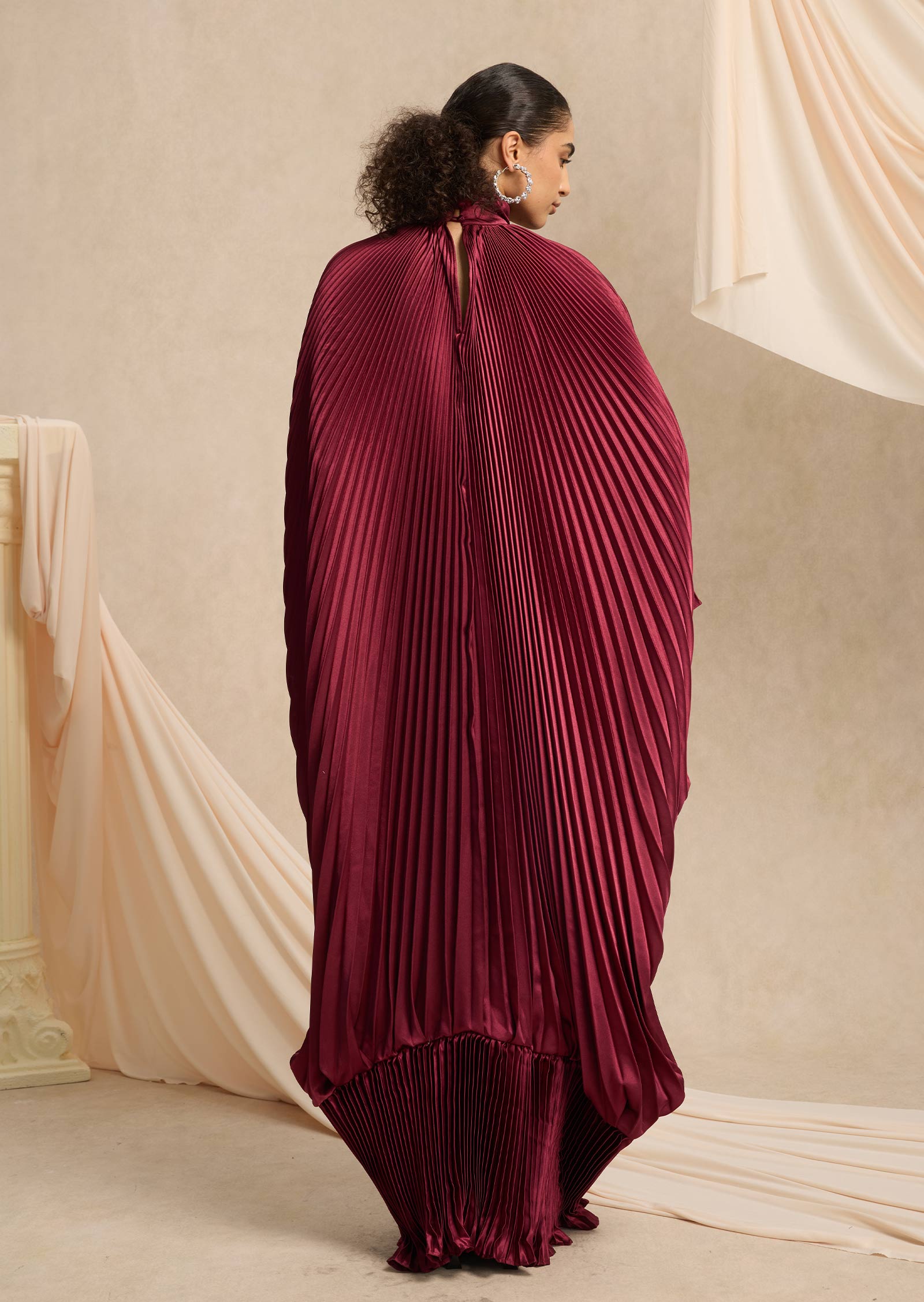 Hiba V Neckline Pleats Ruffled Maxi Dress In Burgundy