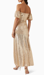 Off Shoulder Stretch Sequin Maxi Dress In Gold