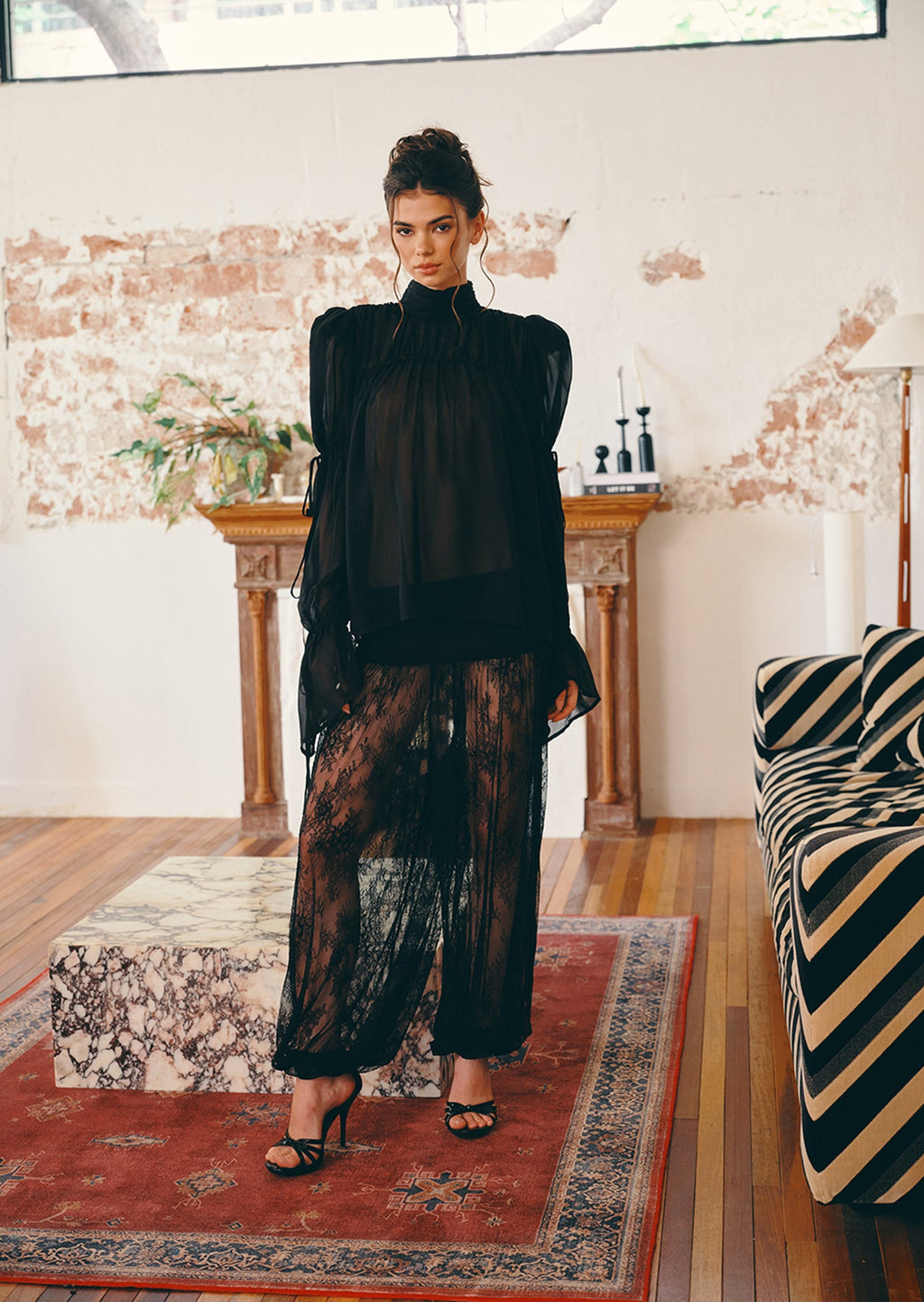 Giada Gathered Tulle Blause & Sheer Pants Set