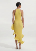 Pleated Sleeveless Irregular Ruffle Midi Dress In Yellow