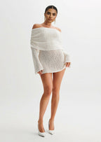Off Shoulder Boucle Knit Mini Dress In Ivory