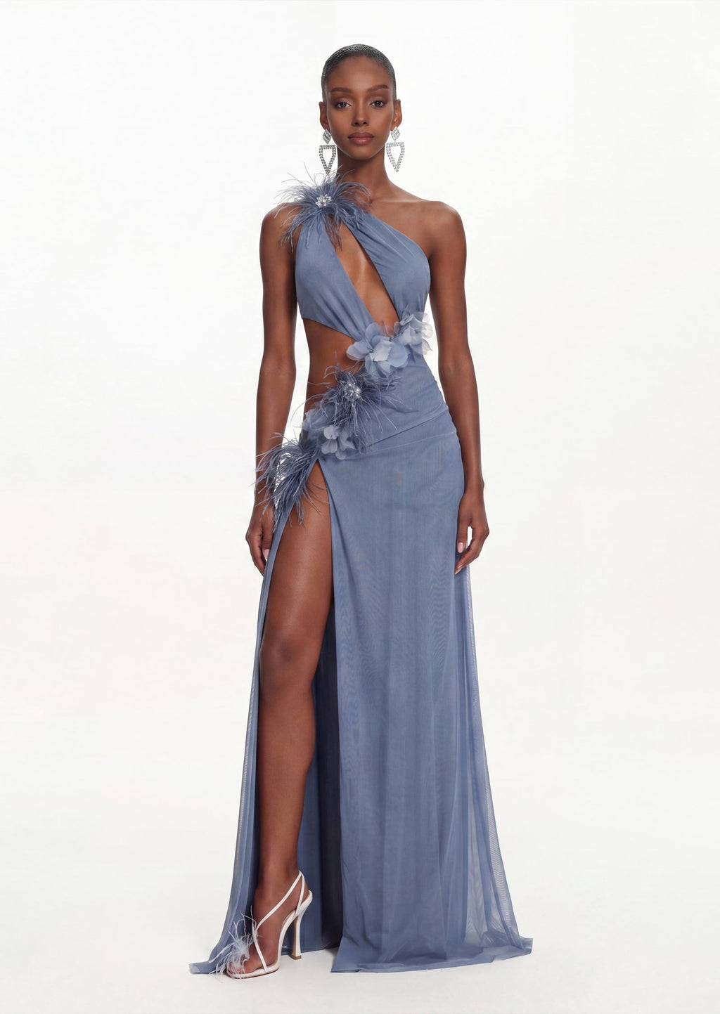 Sydnie Cut Out Maxi Dress With Feathers In Blue
