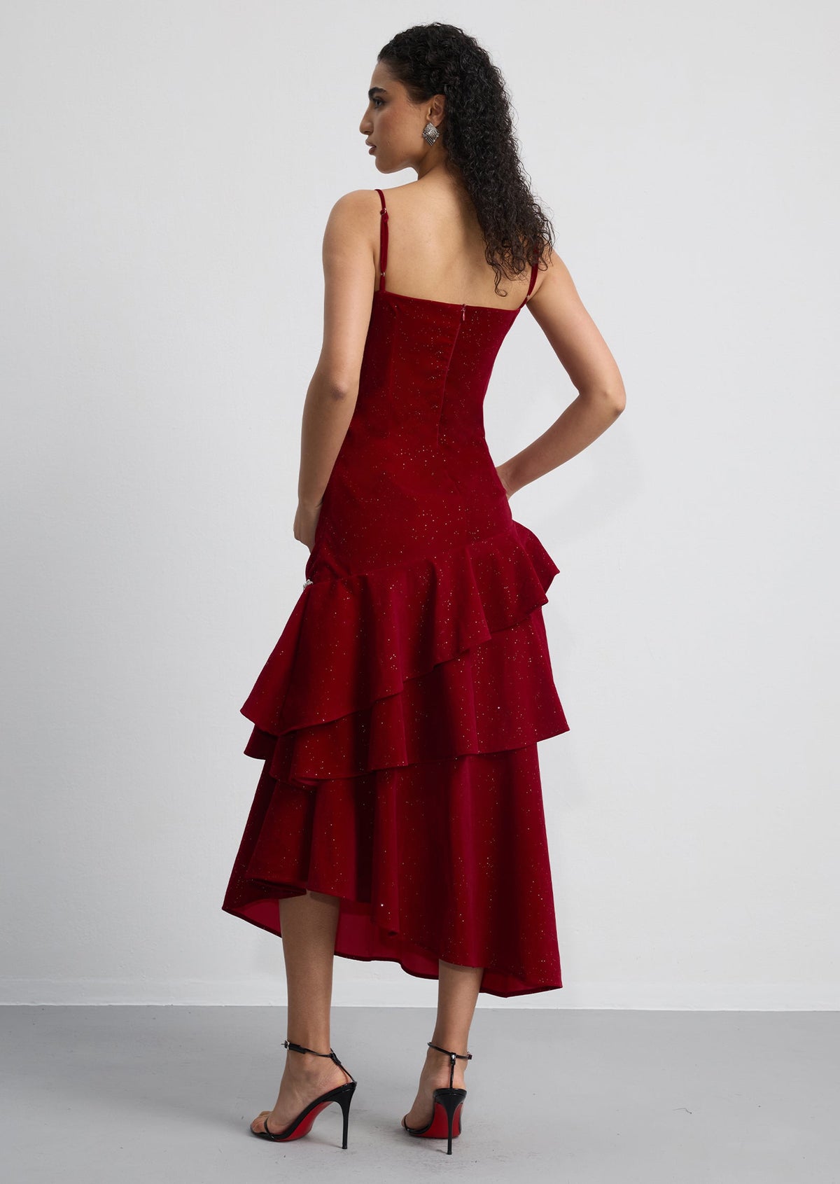 Asymmetrical Ruffled Crystal-Embellished Midi Dress