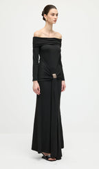 Off Shoulder Ruffle Maxi Dress In Black