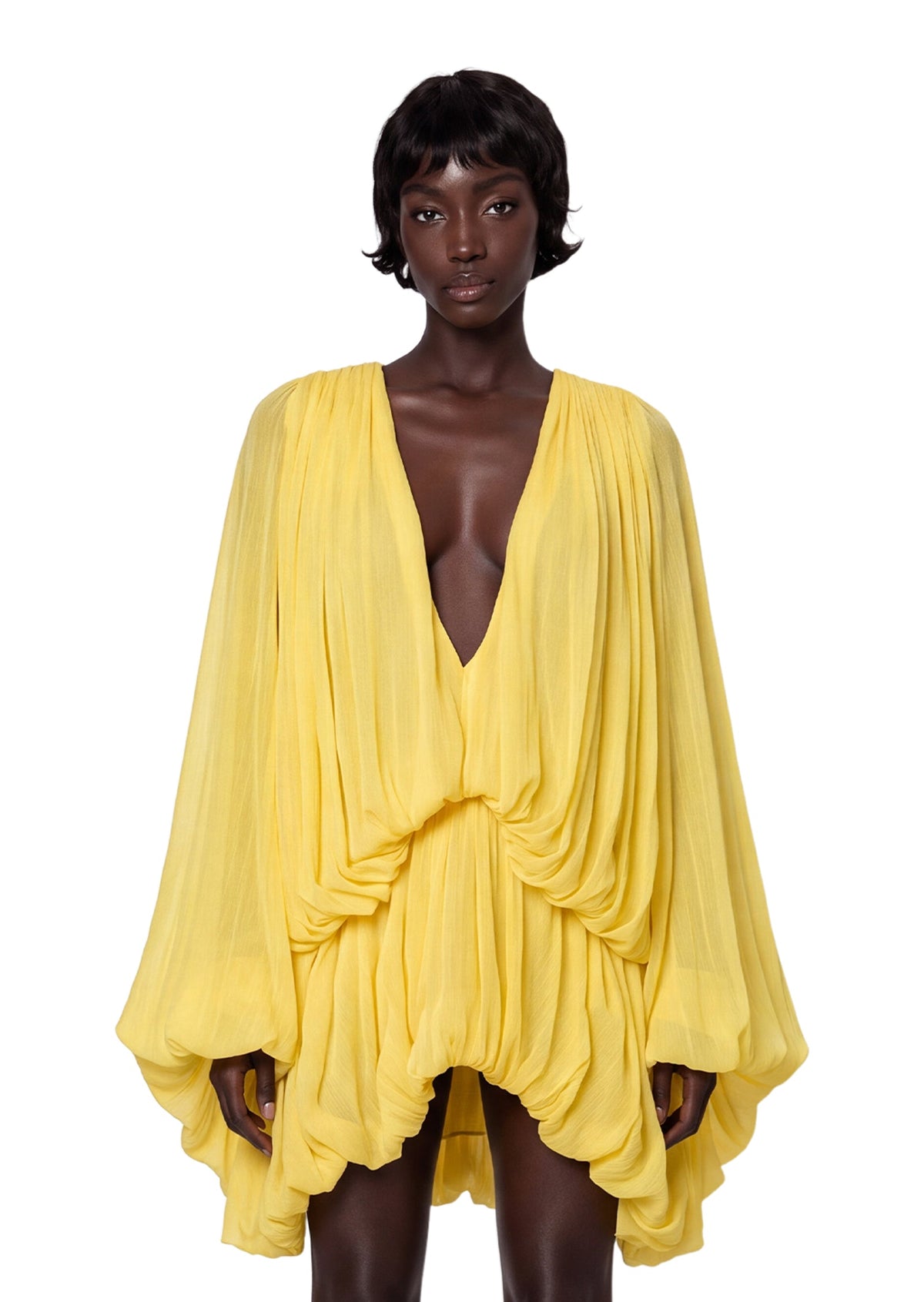 Maame Low Cut Puff Sleeve Mini Dress In Deep Yellow