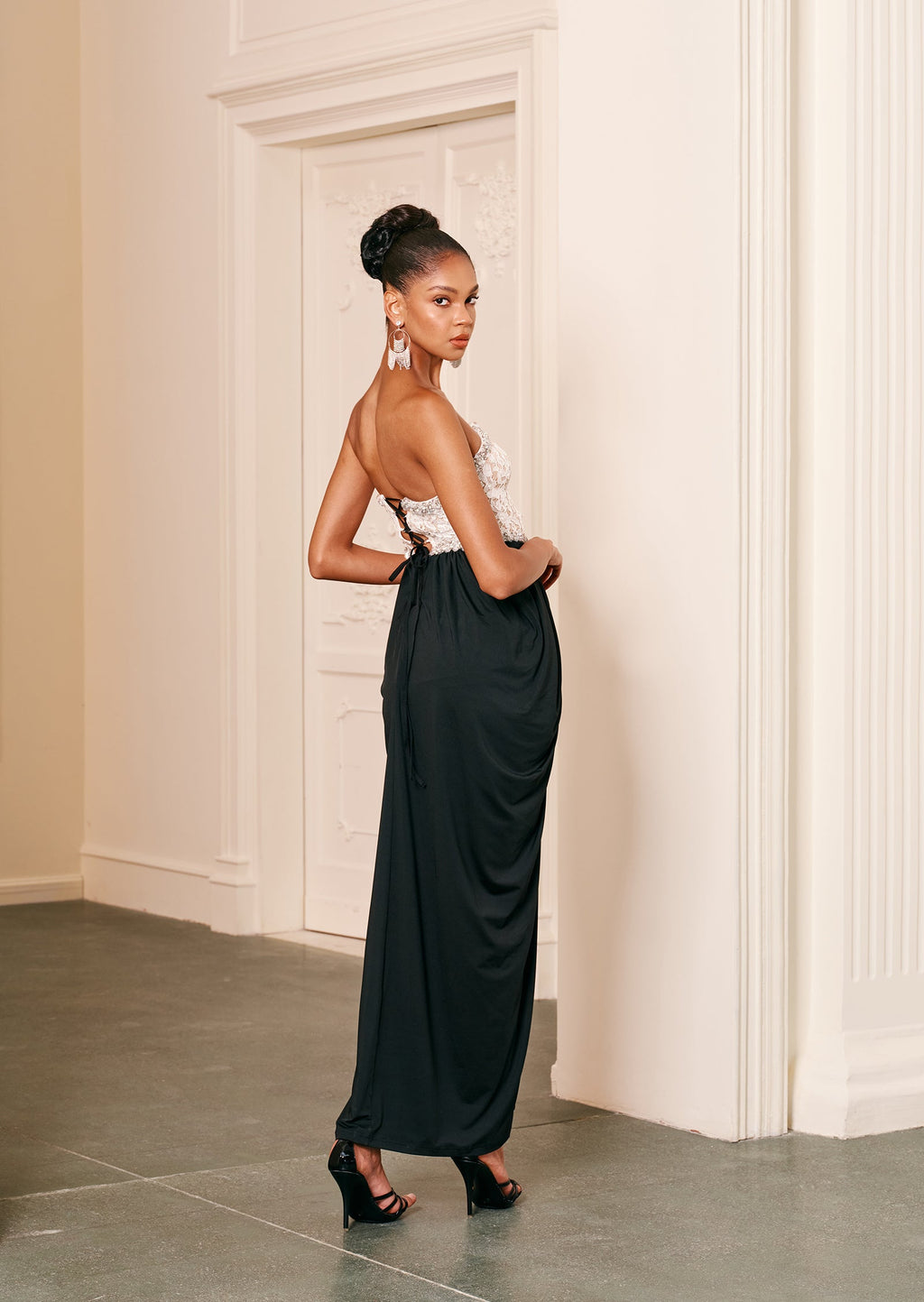 Strapless Lace Beaded Patchwork Maxi Dress
