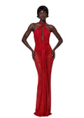 Maha Halter Neck Sparkly Maxi Dress In Red