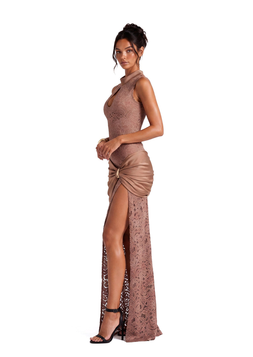 Loa Stand Up Collar Slit Maxi Dress In Light Brown