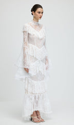 Floral Lace Ruffled Maxi Dress In White