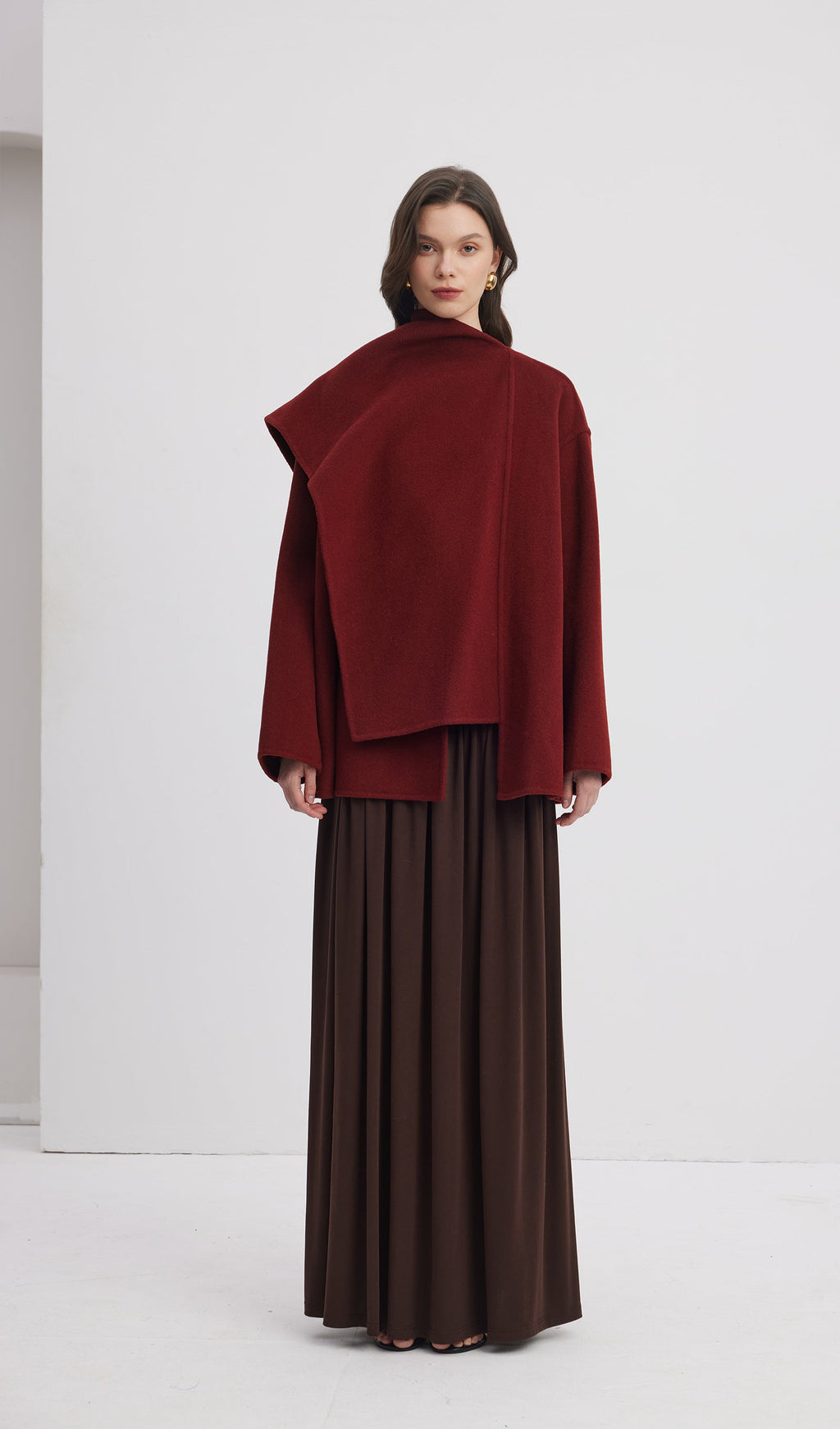 Solid Cape Style Coat-Wine Red
