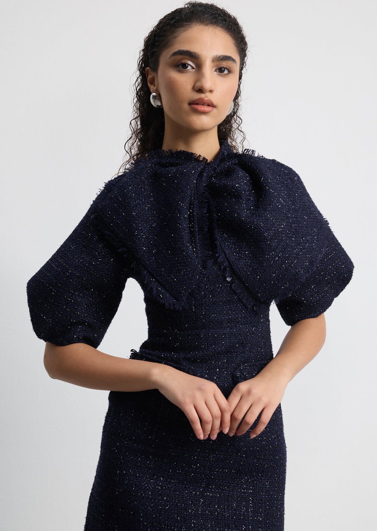 Bow Neck Puff Sleeve Tweed Mini Dress