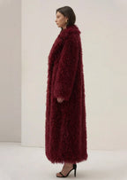 Faux Fur Maxi Jacket In Burgundy