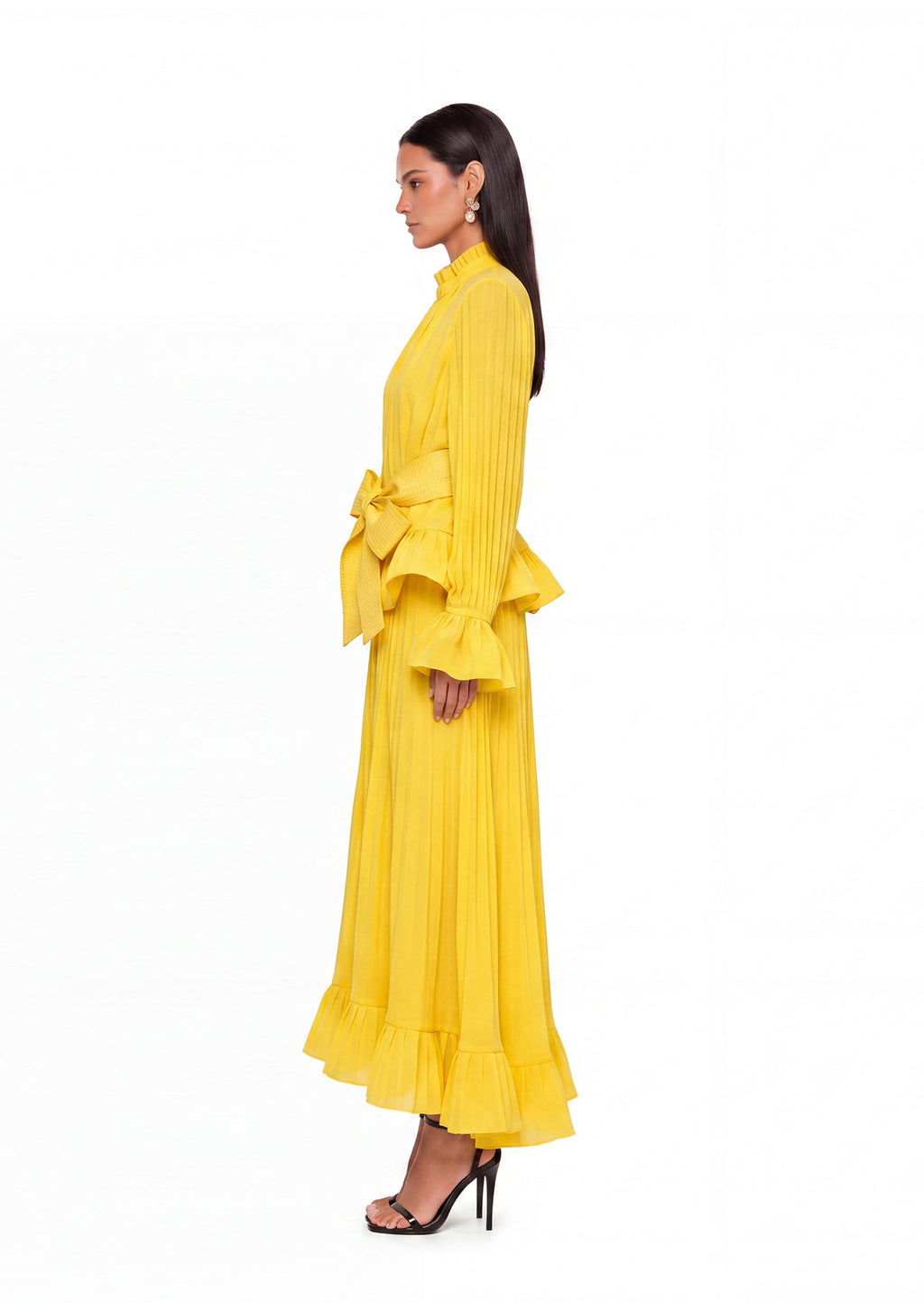 Iaolani Pleated Long Sleeve Maxi Skirt Set In Yellow