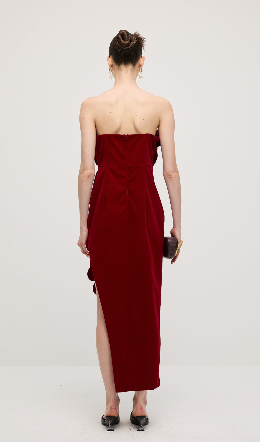 Petal Strapless Velvet Maxi Dress In Red