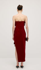 Petal Strapless Velvet Maxi Dress In Red