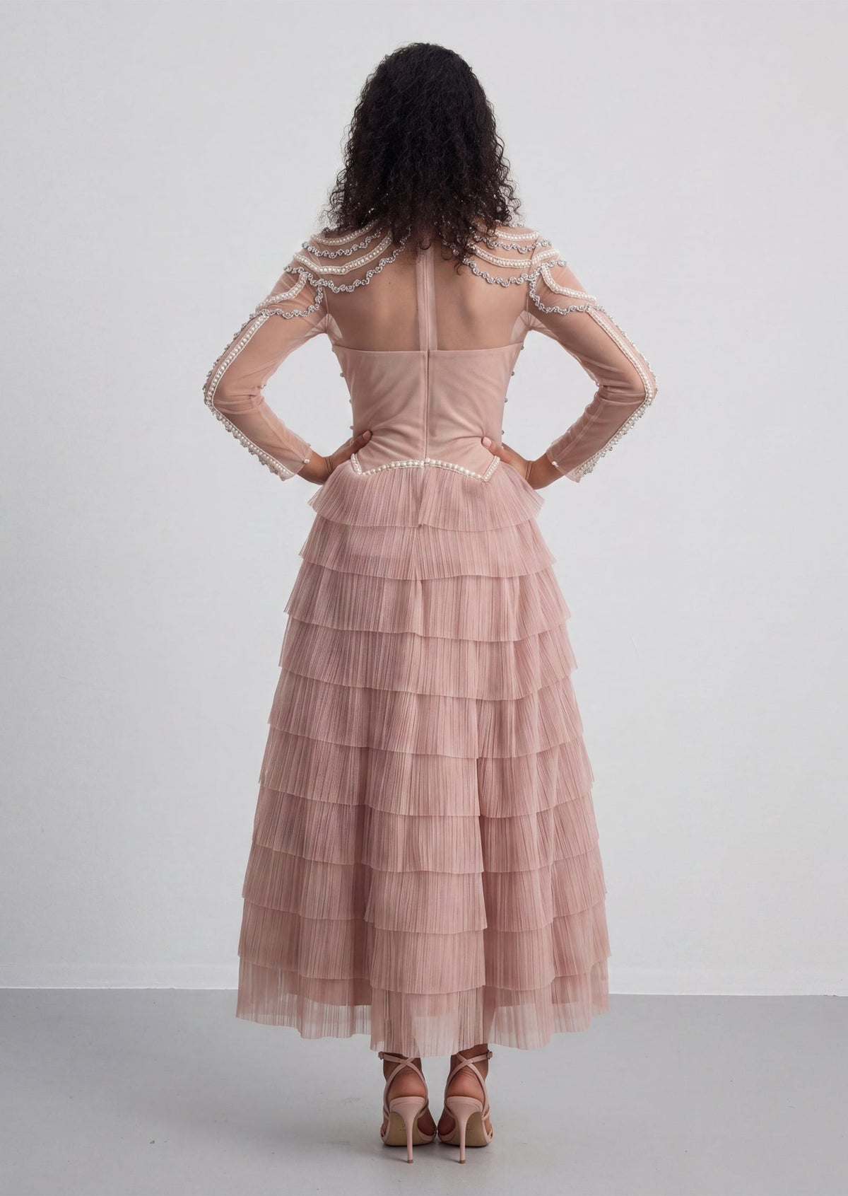 Long Sleeve Beads Pearls Mesh Maxi Layered Dress