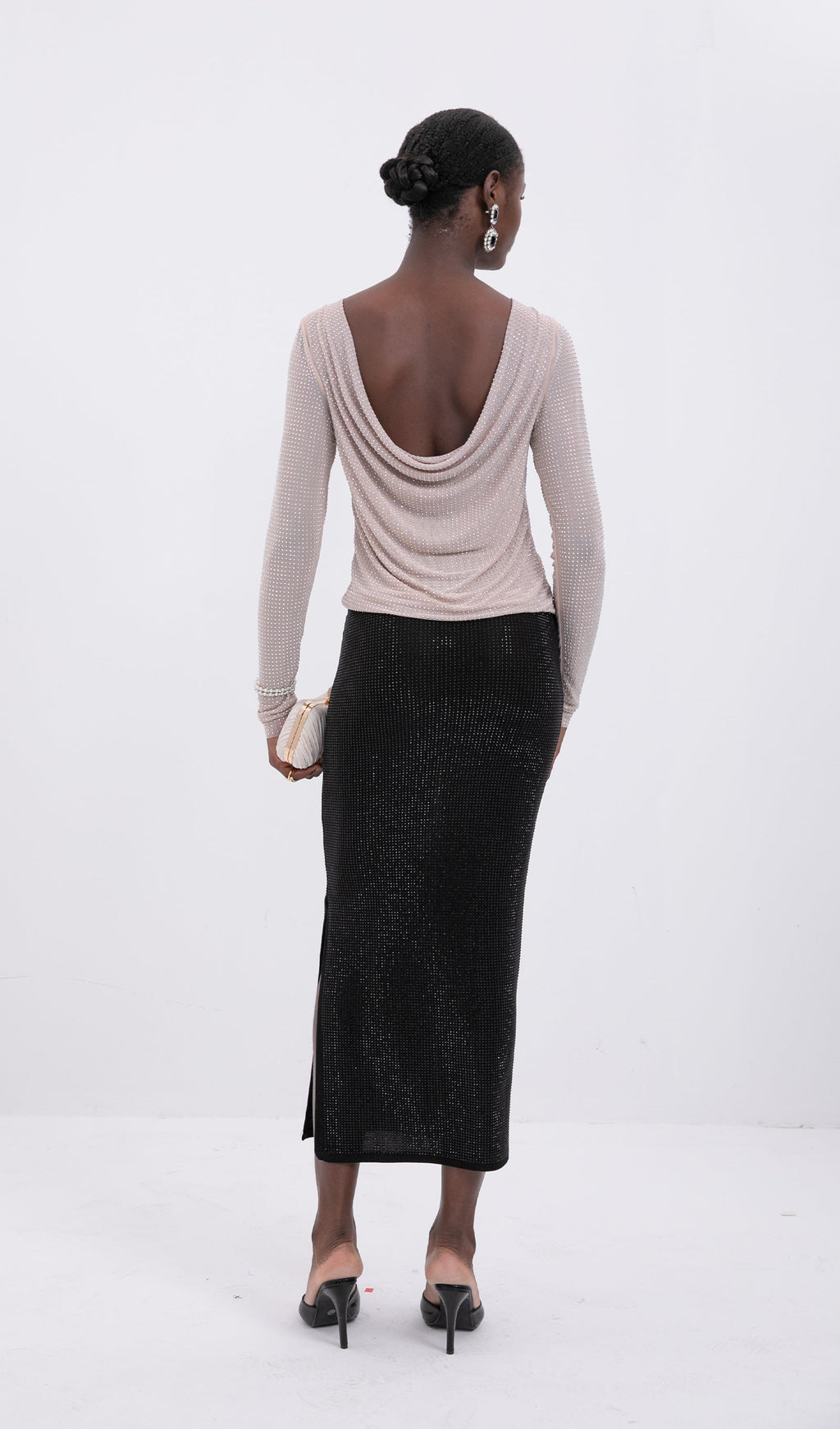 Black Tone Beaded Midi Skirt