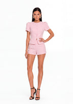 Short Sleeve Satin Top & Mini Short Set In Pink