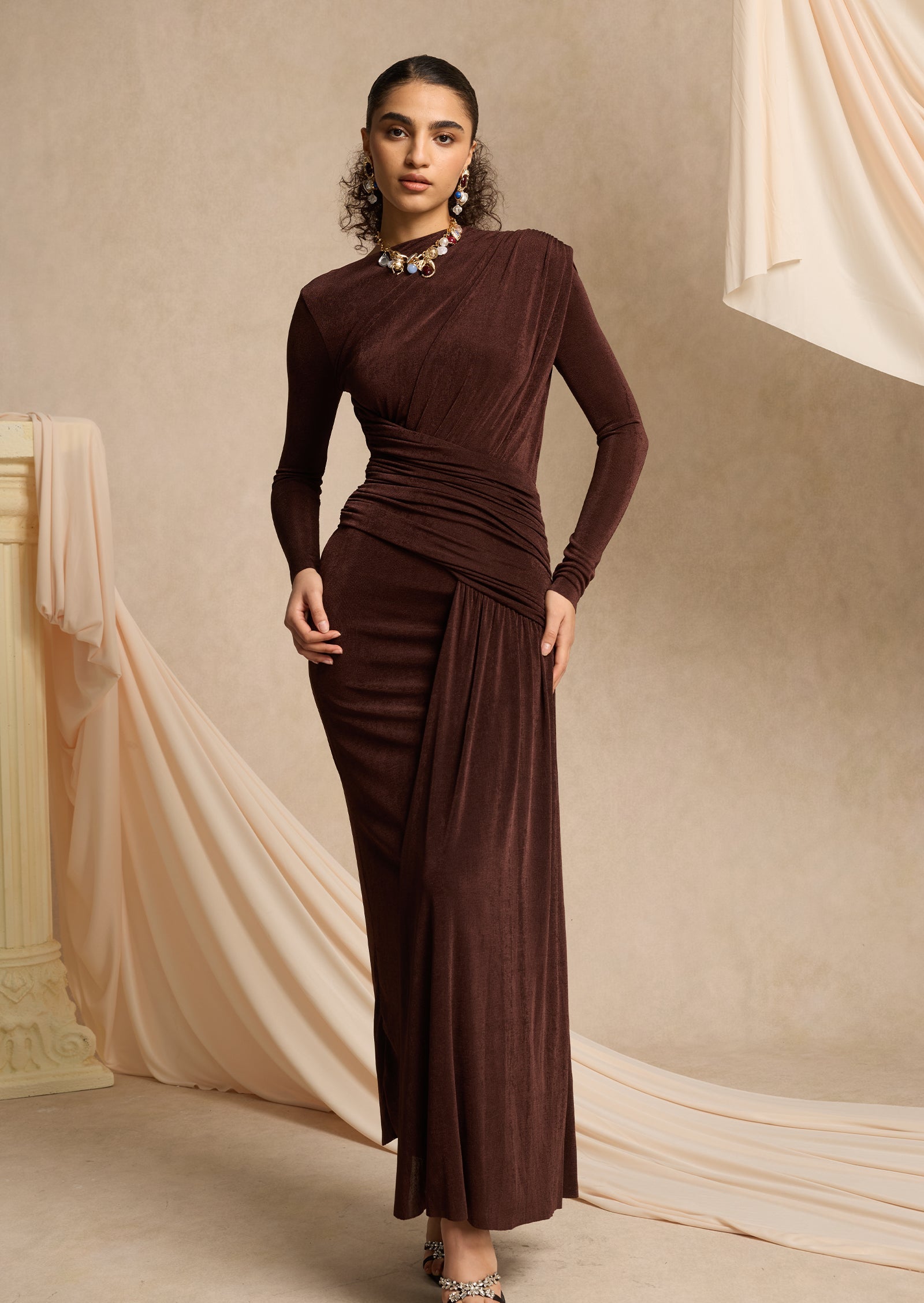 Asymmetrical Maxi Dress With Draped Hip In Brown