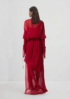Solid Pleated Silk Chiffon Slit Maxi Dress In Red