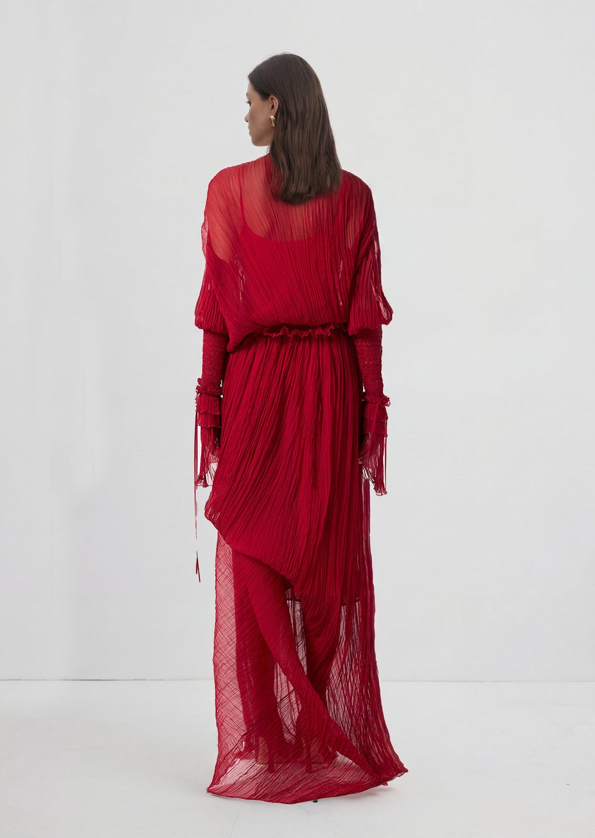 Solid Pleated Silk Chiffon Slit Maxi Dress In Red