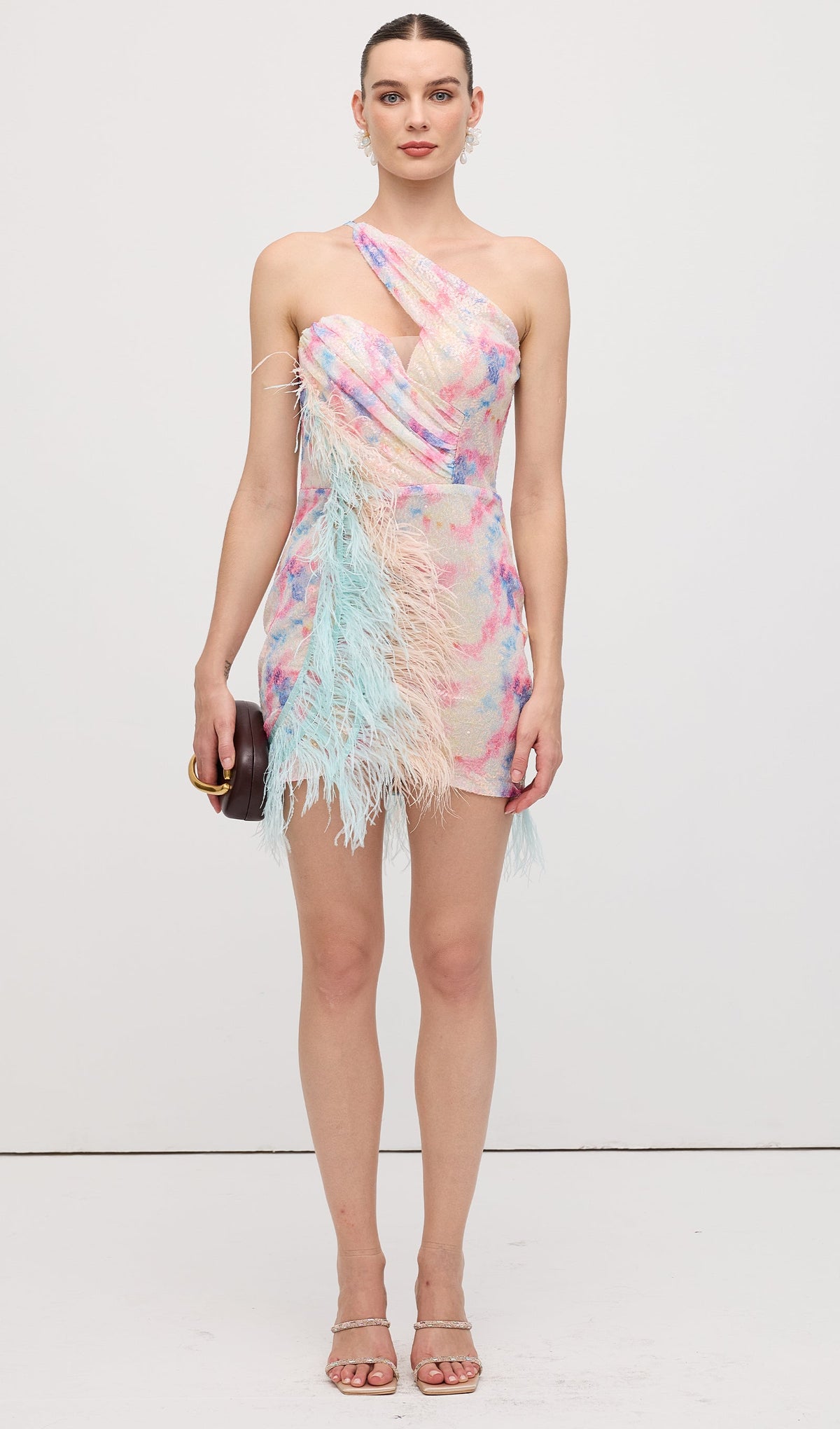 Asymmetric Sequined With Feathers Mini Dress
