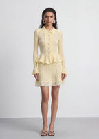 Pointelle Peplum Knit Mini Skirt Set In Yellow