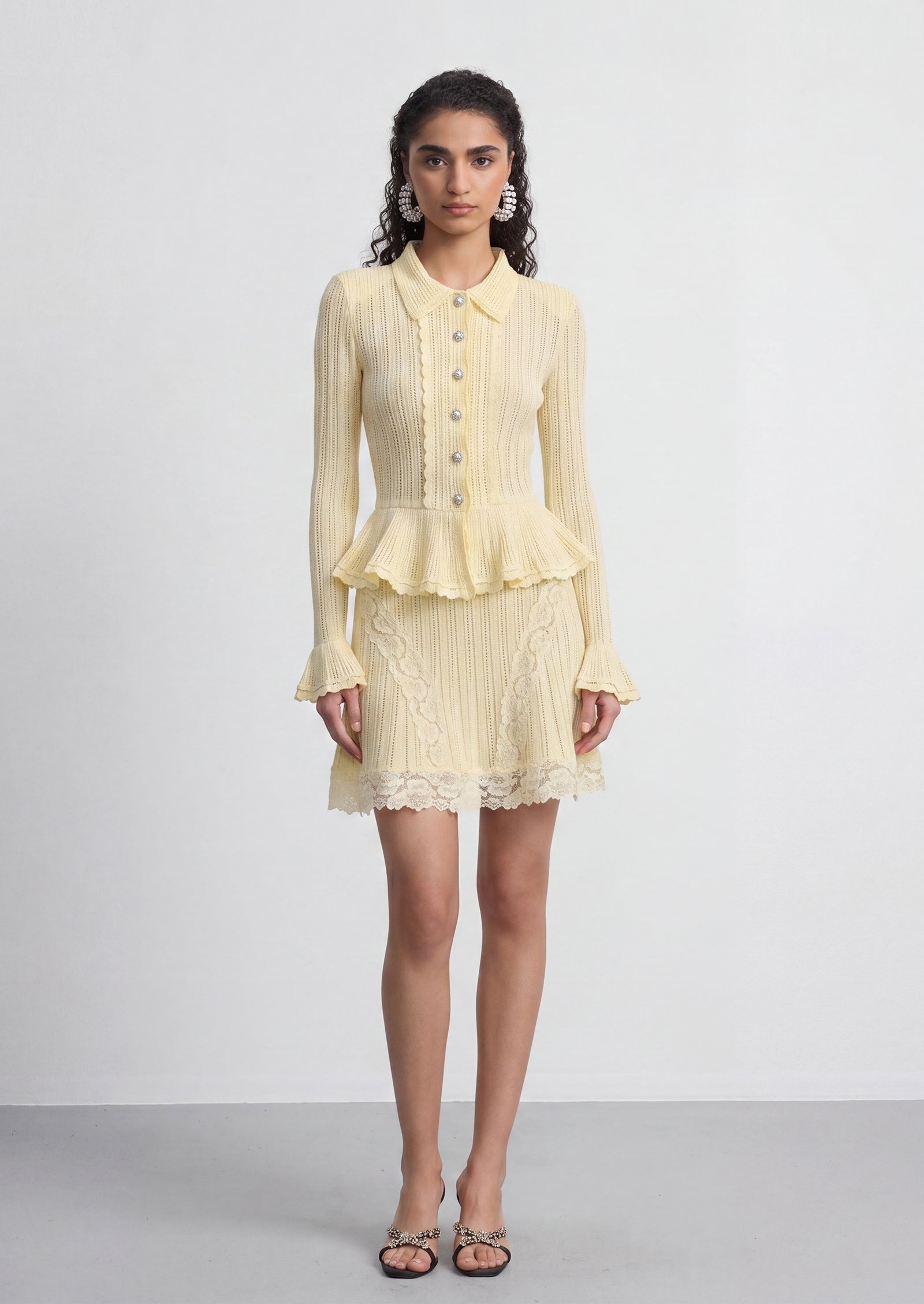 Pointelle Peplum Knit Mini Skirt Set In Yellow