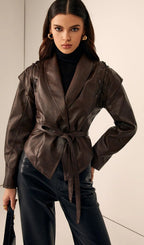 Tie-Waist Faux Leather Jacket In Brown