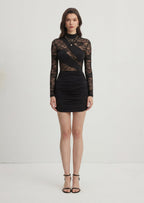 Asymmetrical Long Sleeve Lace Mini Dress In Black