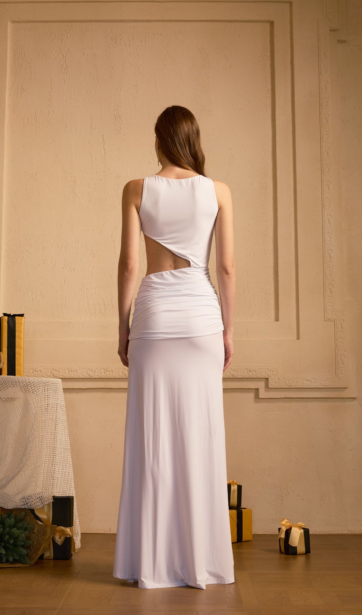 Draping And Shell Decorations Maxi Dress White