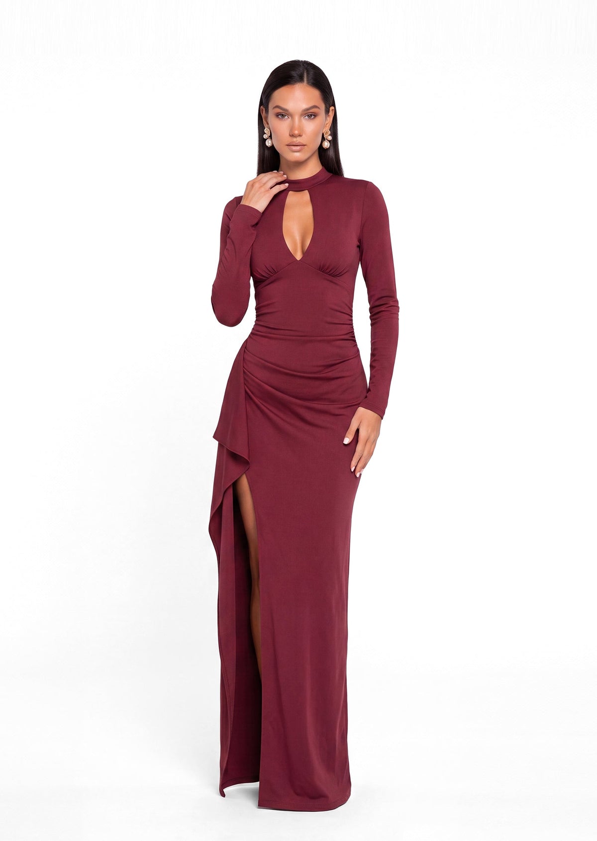 Adagio Long Sleeve Split Maxi Dress In Claret