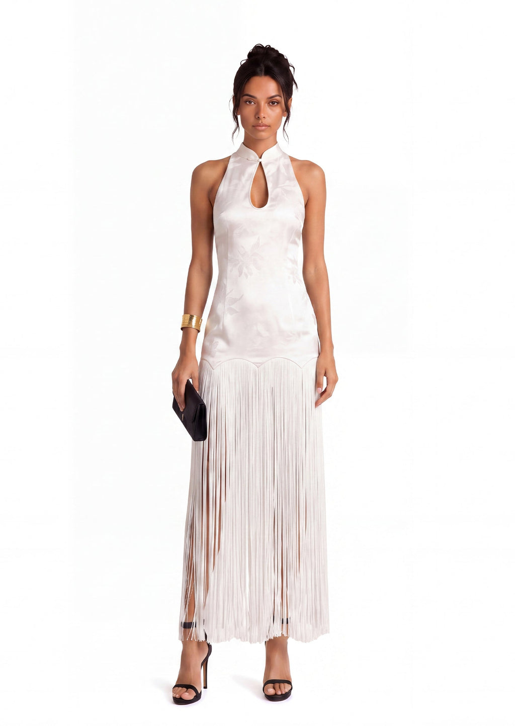 Kayoko Sleeveless Fringed Satin Midi Dress