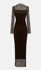 Mesh With Monochrome Lining  Maxi Dress In Coffee