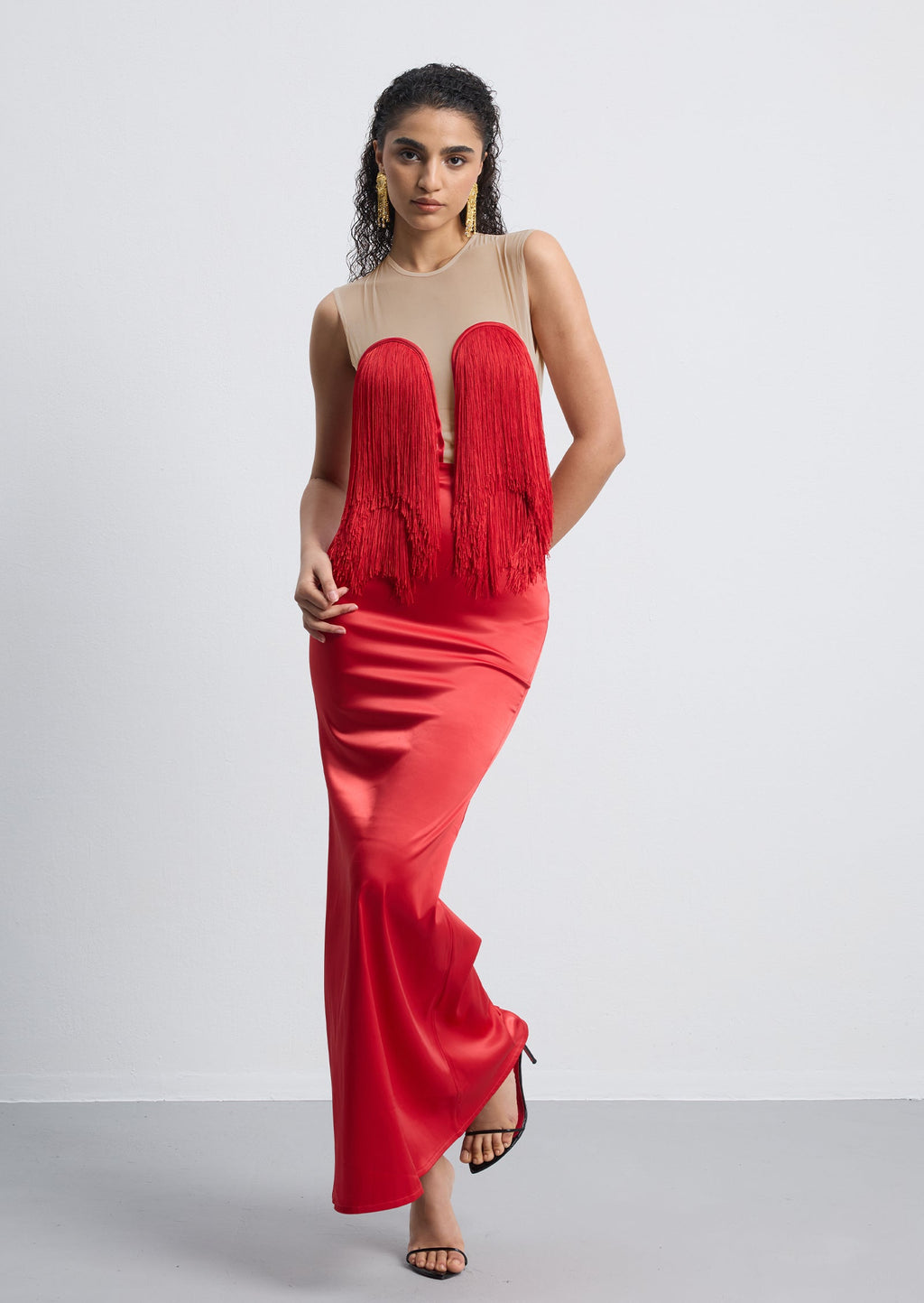 Hiba Fringe Detail Satin Maxi Dress With Fur Collar
