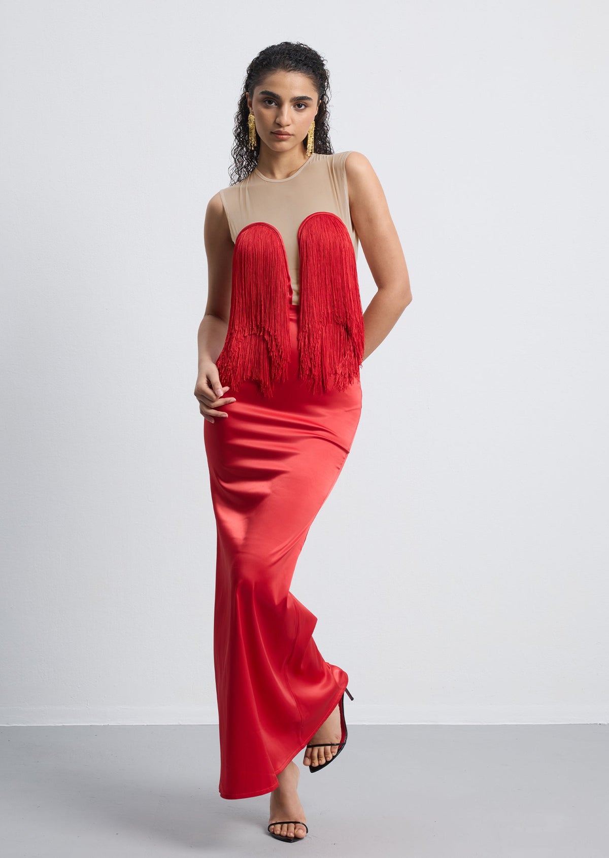 Hiba Fringe Detail Satin Maxi Dress With Fur Collar