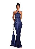 Zabby Satin Halter Neck Maxi Dress In Blue