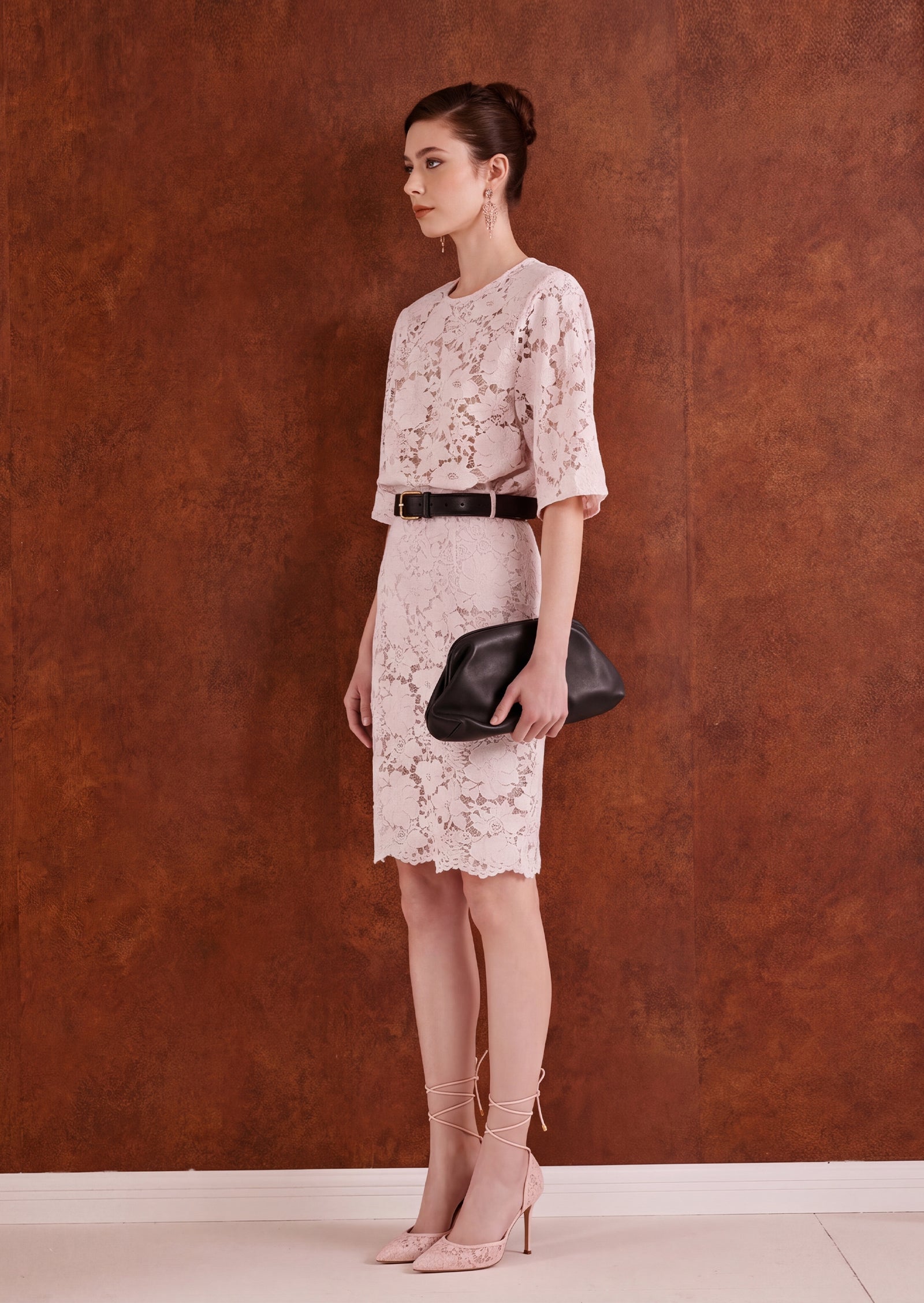 Aralyn Velvet  Lace T-Shirt & Lace Skirt Set In Pink