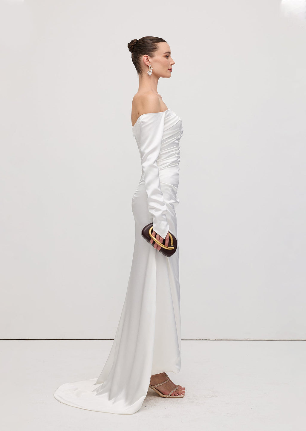 Satin Off Shoulder Ruched Maxi Dress