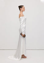 Satin Off Shoulder Ruched Maxi Dress