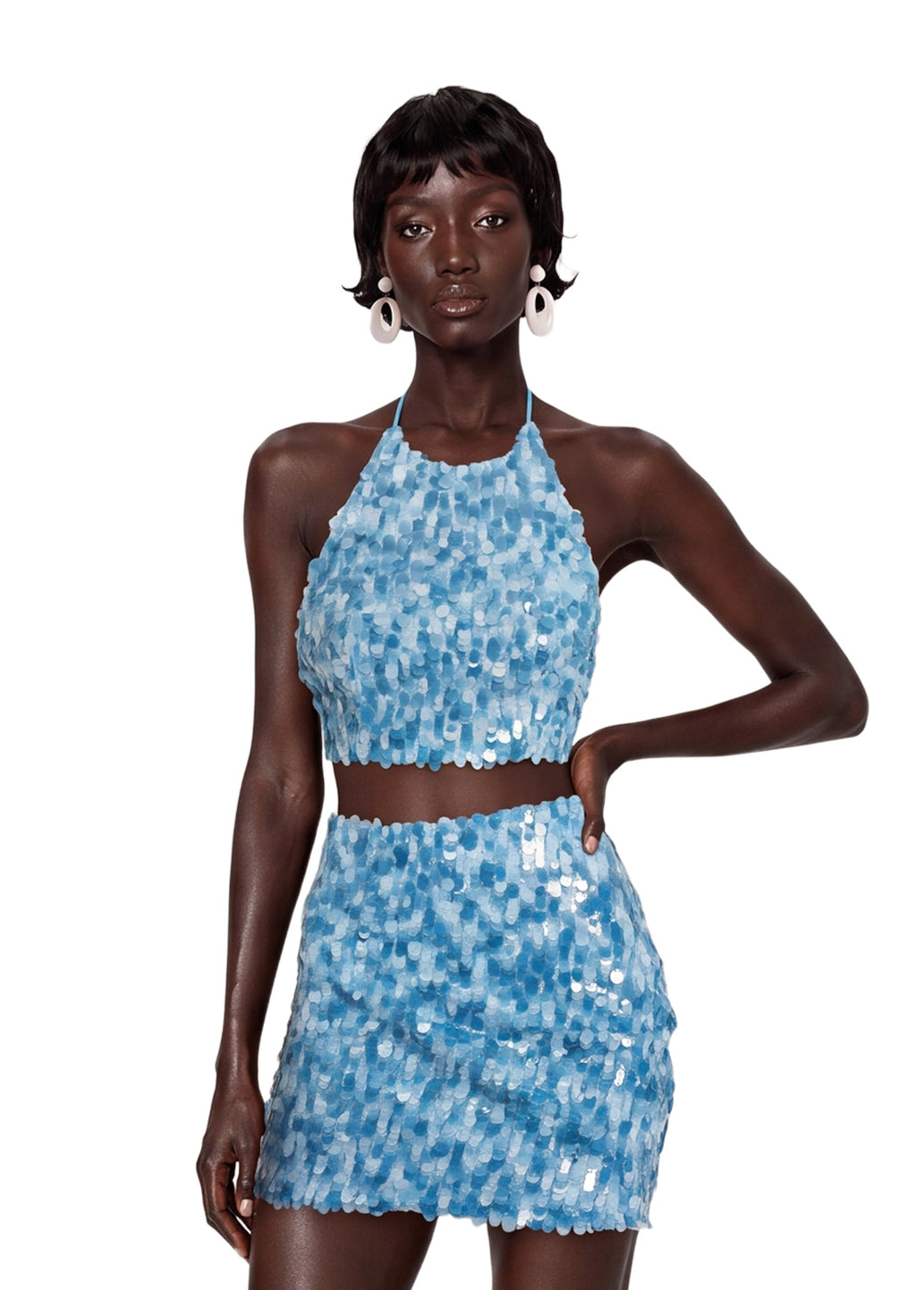 Kahale Open Back Sequined Halter Top In Blue