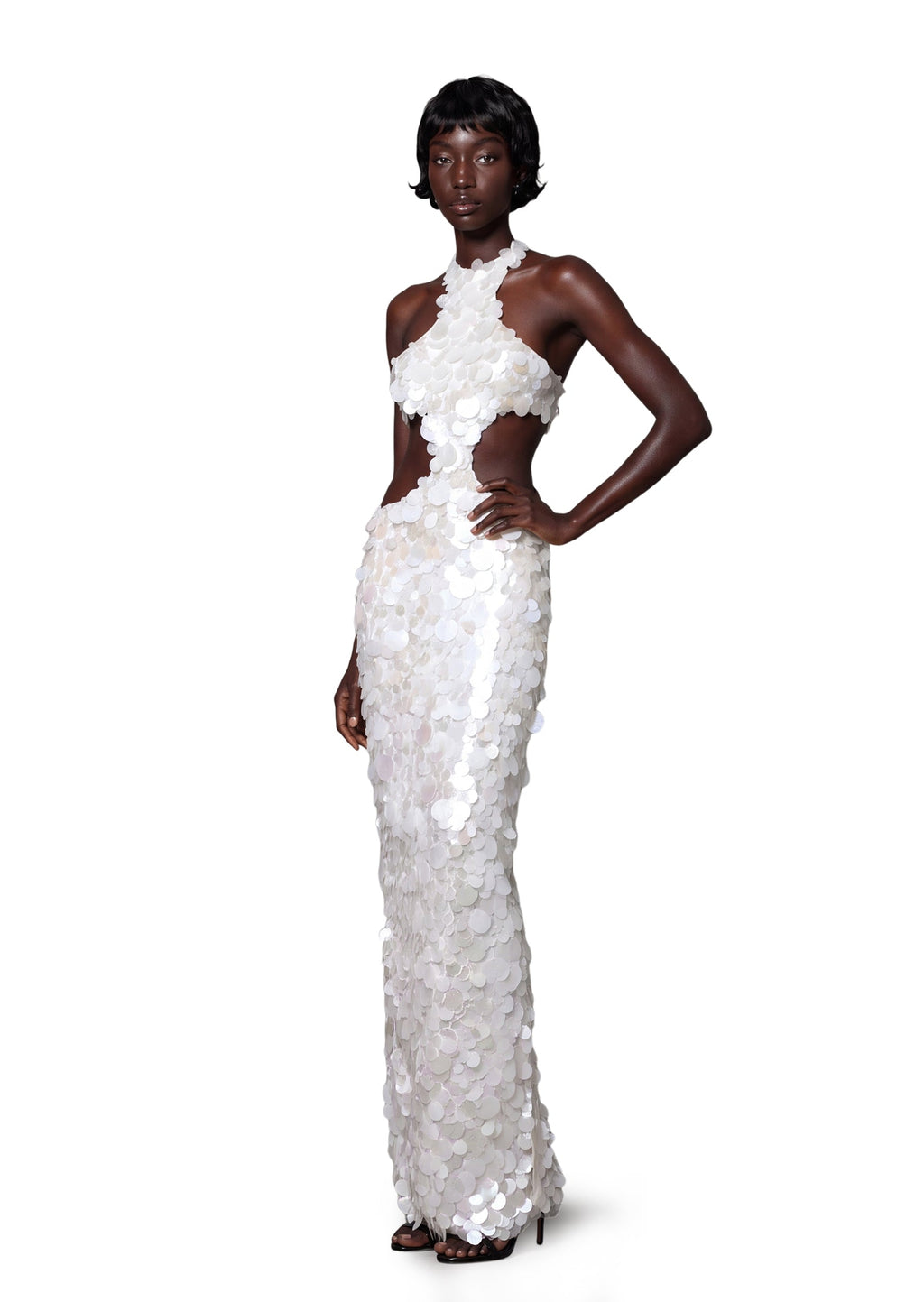 Kaatib Sequined Halter Neck Maxi Dress In White