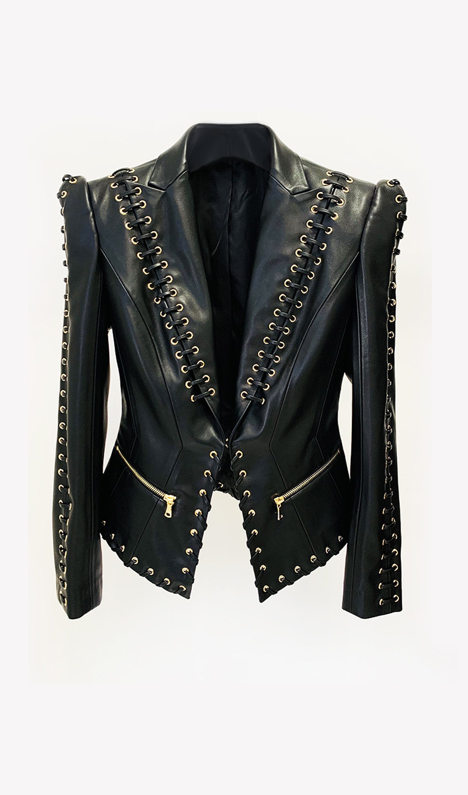Rope Lacing Leather Jacket & Mini Skirt