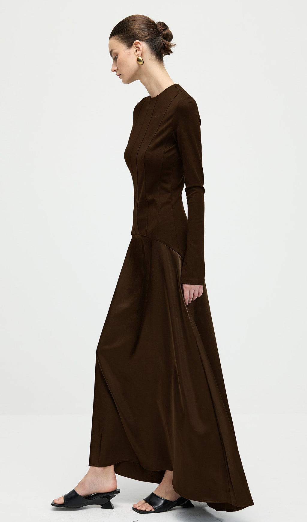 Knitted Satin Maxi Dress In Coffee