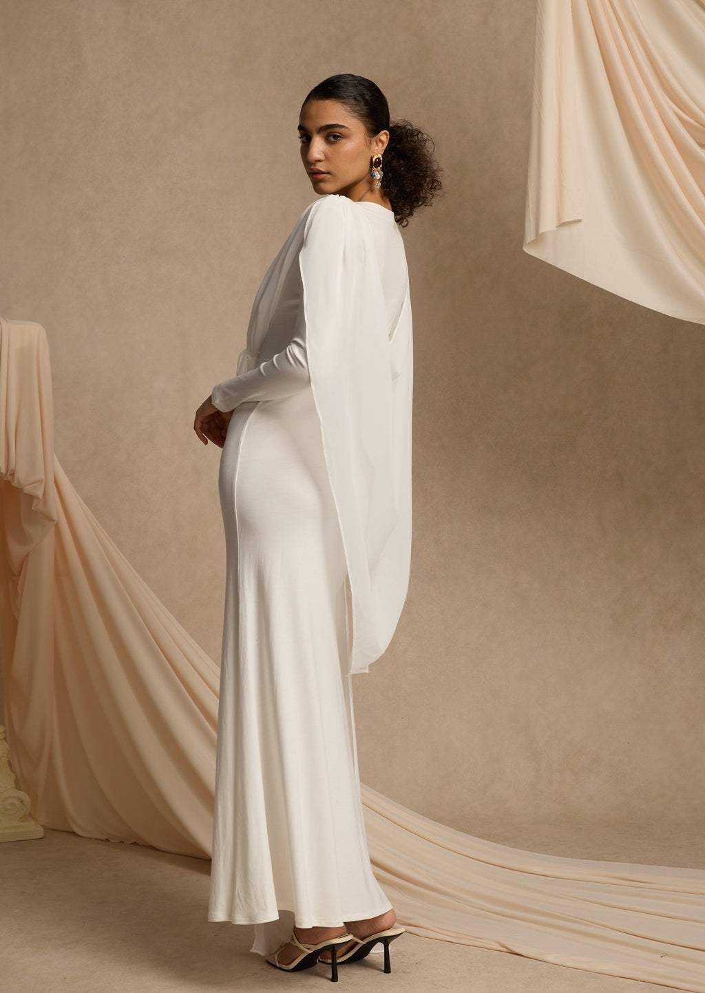 Shawl Ribbon Knotted Maxi Dress In White