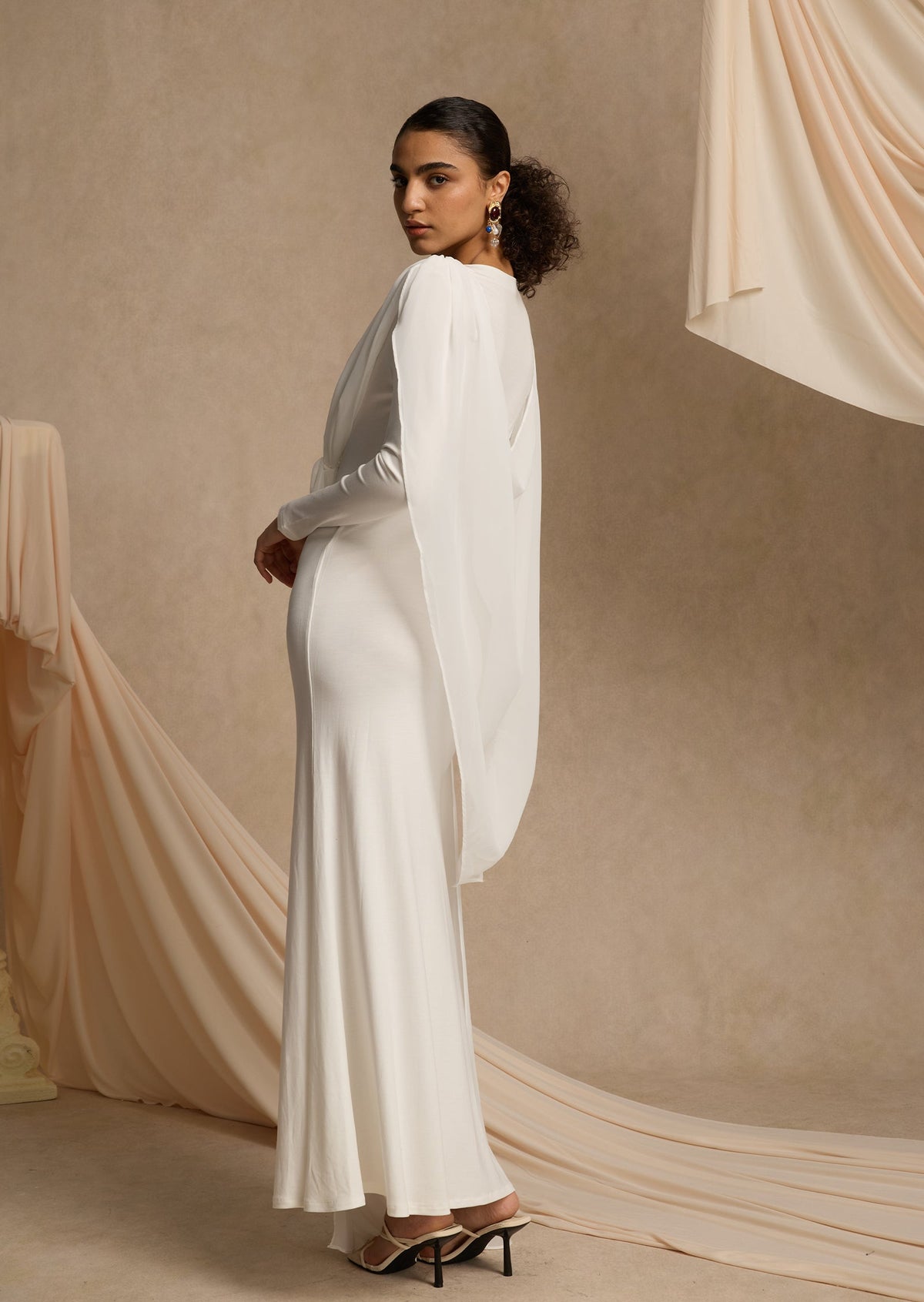 Shawl Ribbon Knotted Maxi Dress In White