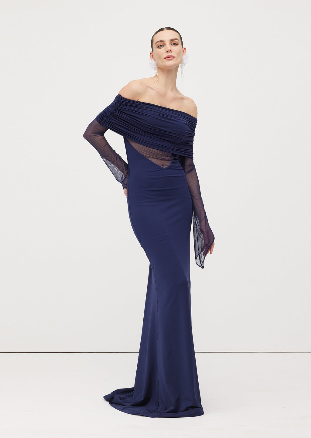 One Shoulder Slinky Ruched Maxi Dress-Blue
