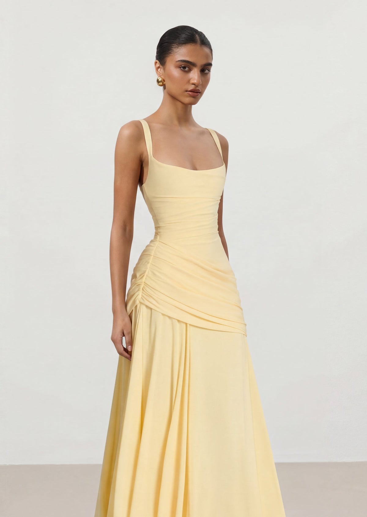 Sura Asymmetric Pleating Maxi Dress In lemon